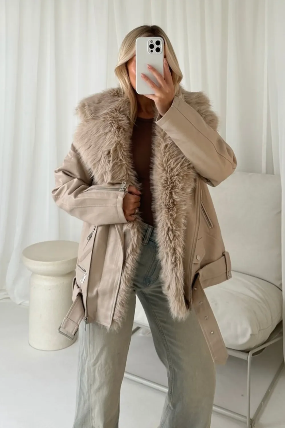 Alexis cream faux fur and PU leather jacket