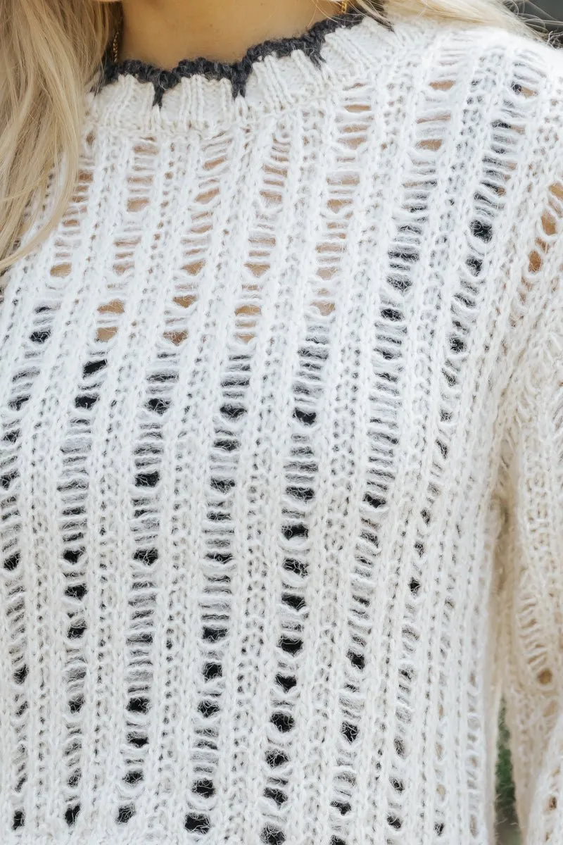 Cream Contrast Stitch Crochet Sweater - FINAL SALE