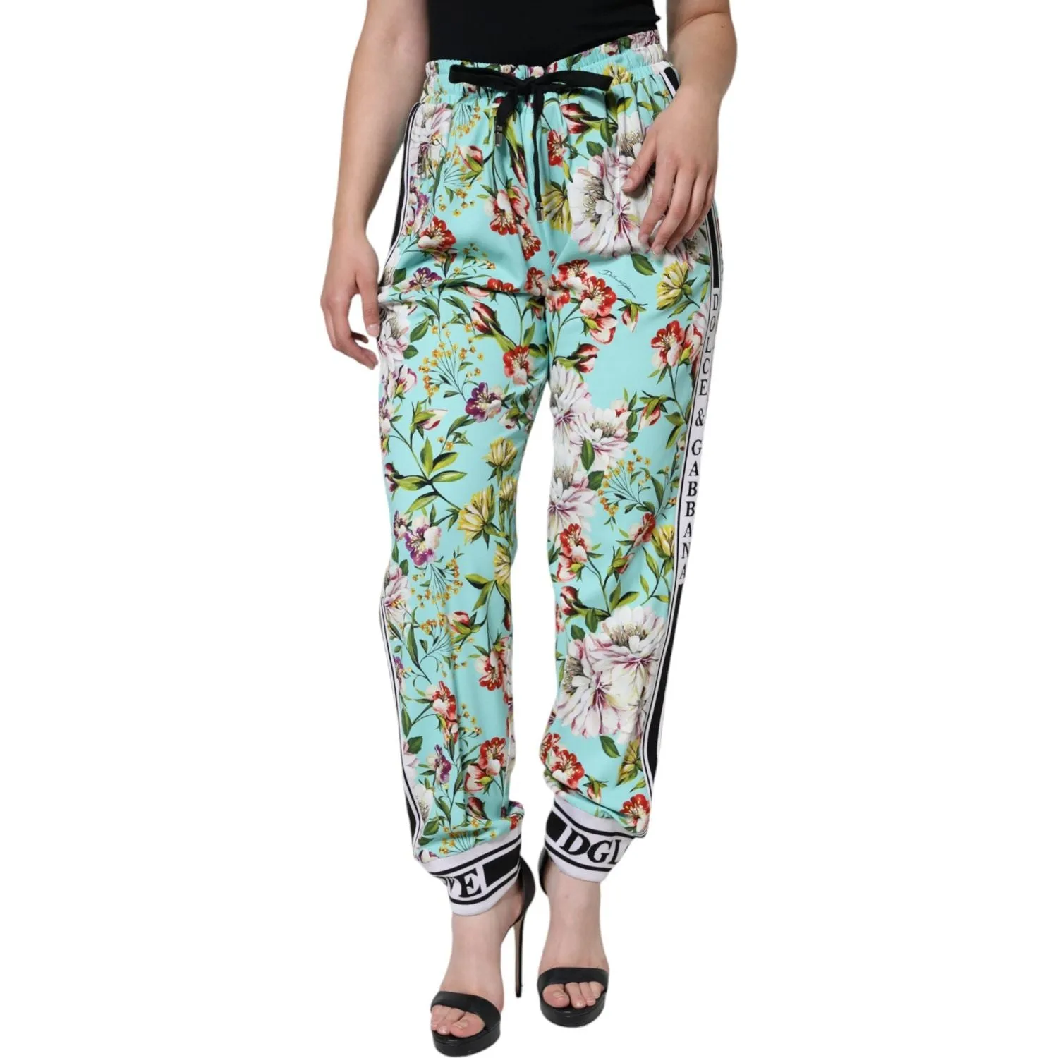 Dolce & Gabbana Green Floral Mid Waist Jogger Women Pants