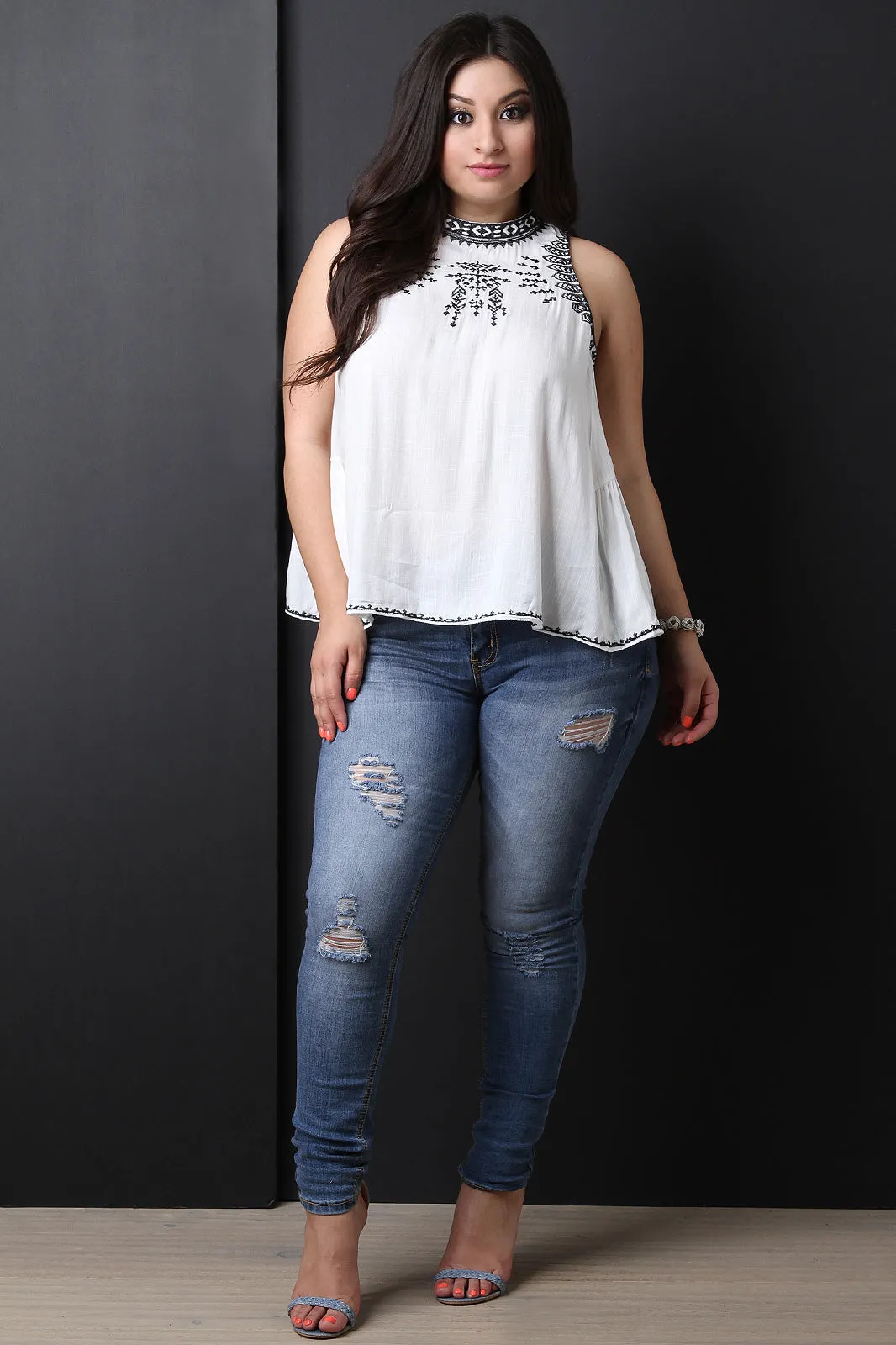 Embroidered Mock Neck Trapeze Top