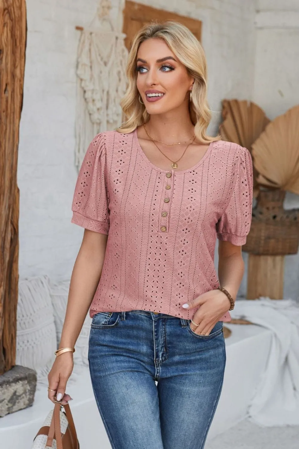 Eyelet Round Neck Short Sleeve Blouse