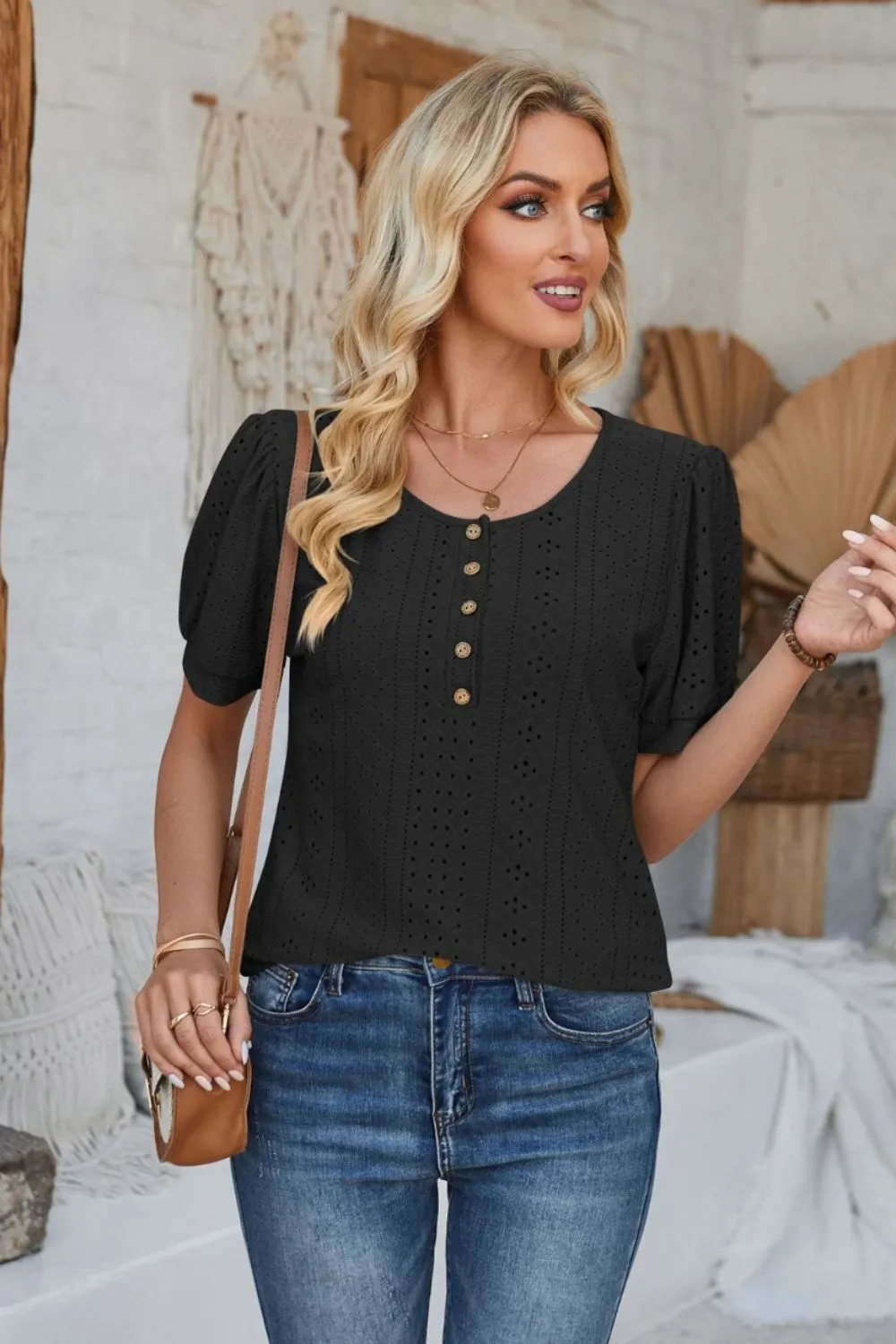 Eyelet Round Neck Short Sleeve Blouse