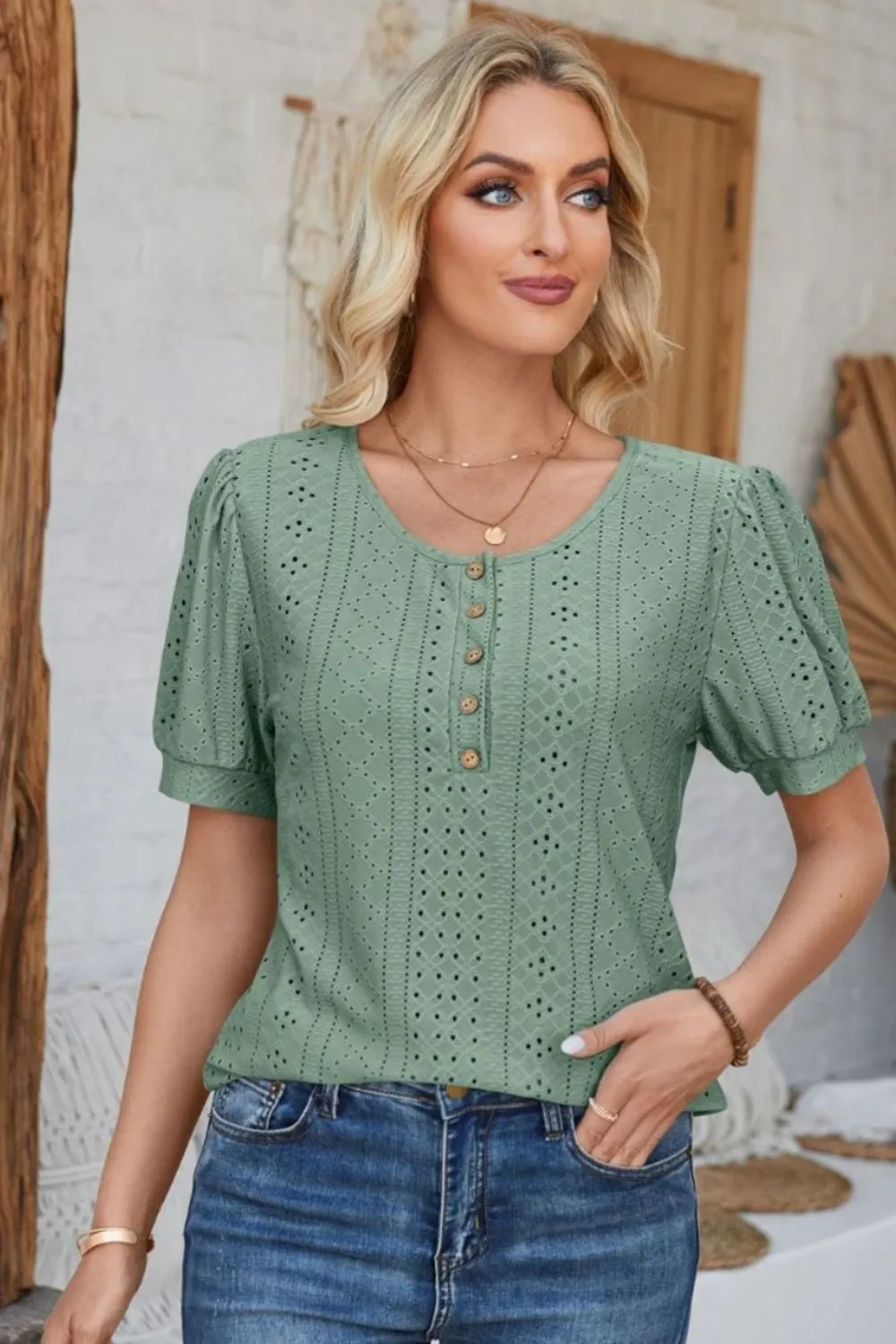 Eyelet Round Neck Short Sleeve Blouse