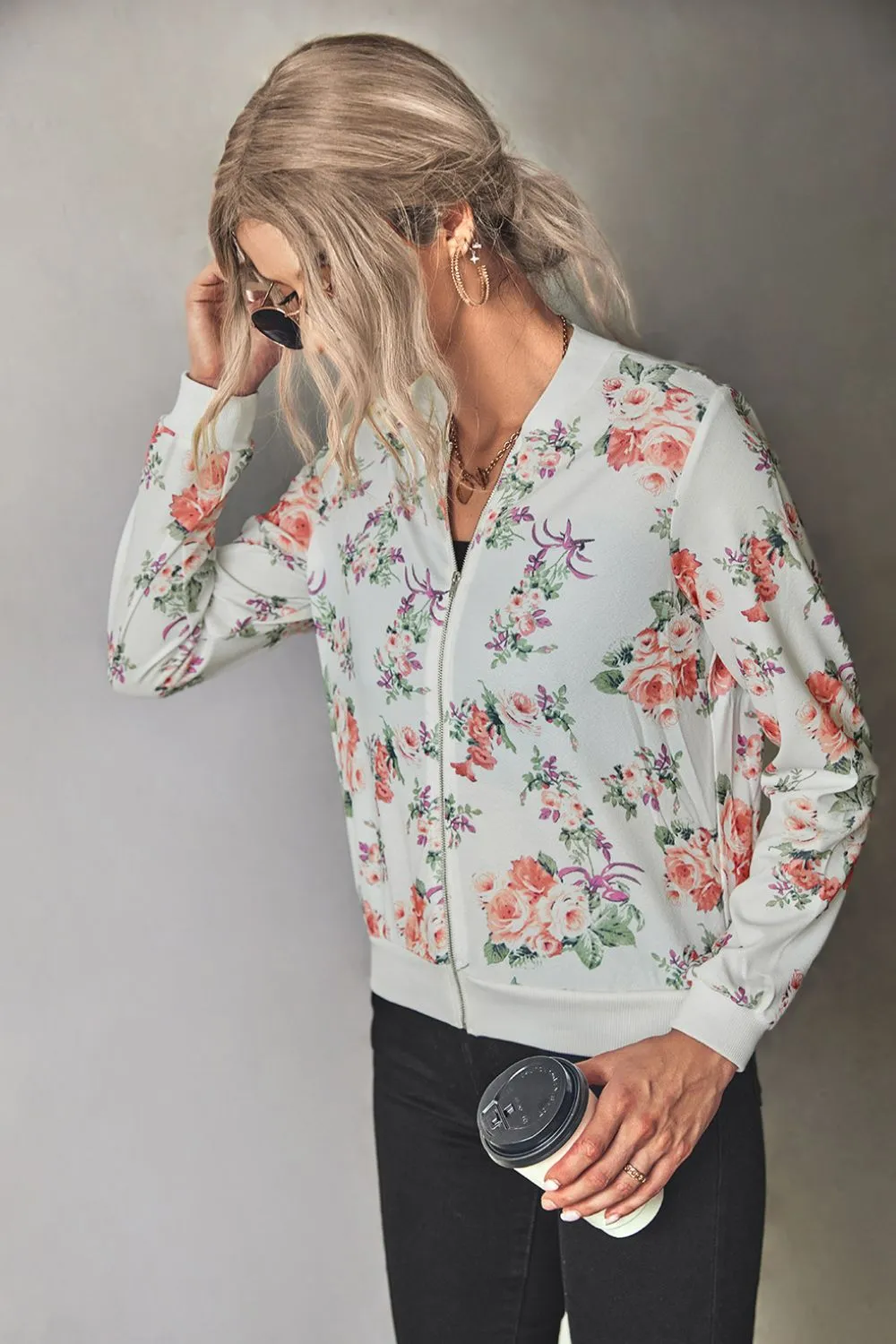 Floral Zip Up Ribbed Trim Bomber Jacket