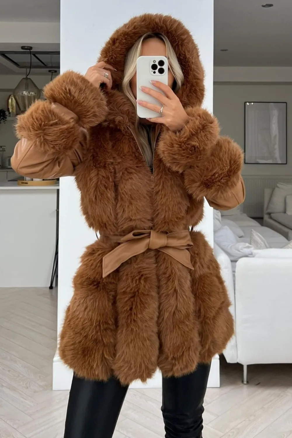 Gigi Camel faux fur tie wasit hooded coat