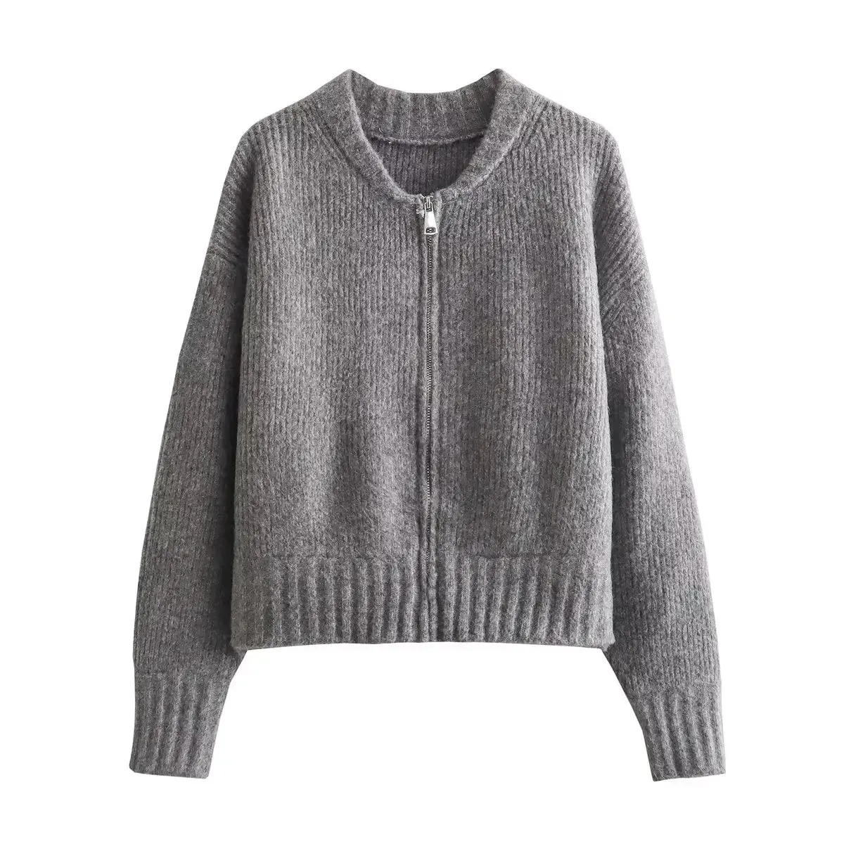 Girlary New Women Gray Knit Bomber Jacket Long Sleeve O Neck Female Autumn Winter Casual Coat