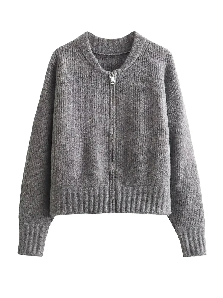 Girlary New Women Gray Knit Bomber Jacket Long Sleeve O Neck Female Autumn Winter Casual Coat