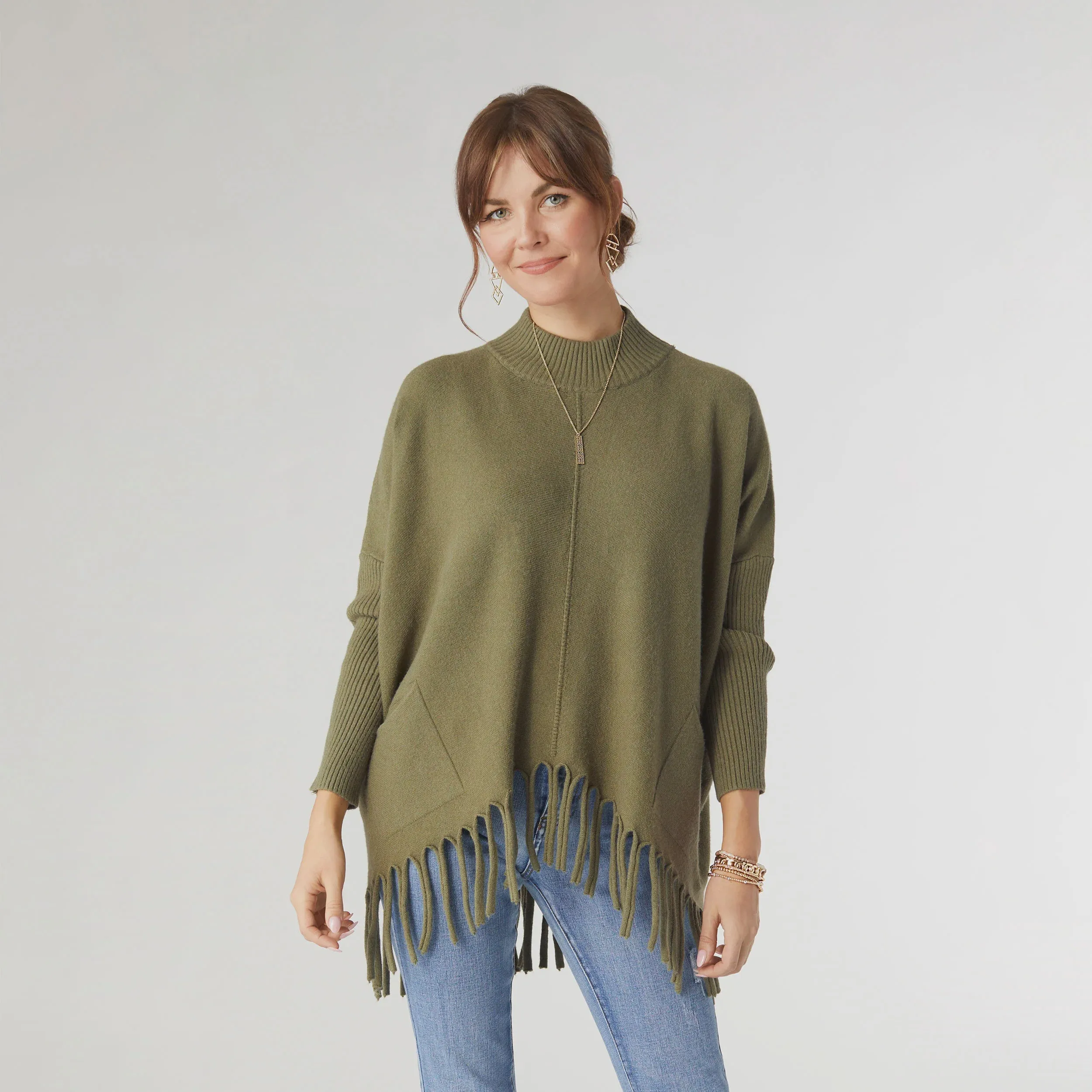 Heavenly-Luxe Flowy Mock Neck Fringe Sweater | Army Green