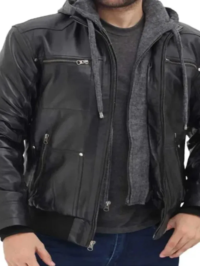 Hooded Style Black Bomber Leather Jacket