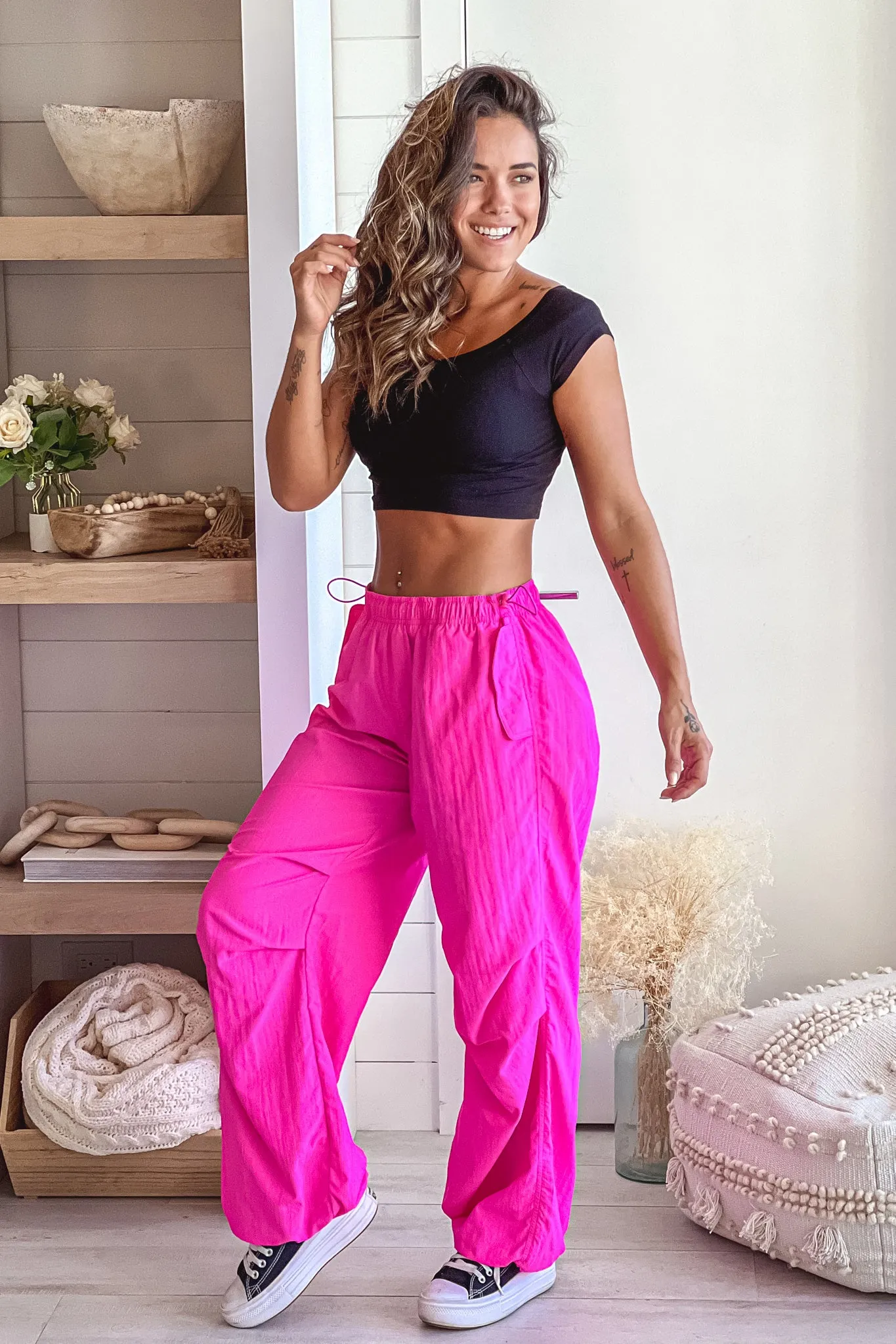 Hot Pink Relaxed Fit Pants With Adjustable Hem