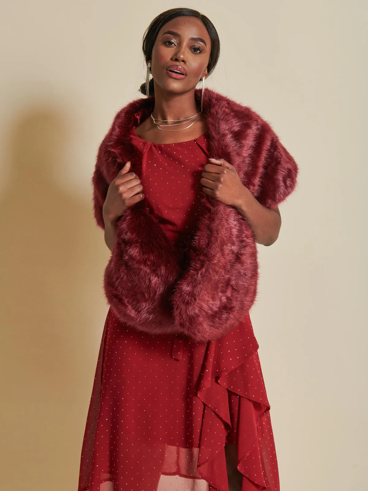 Jolie Moi Faux Fur Shawl Wrap, Wine