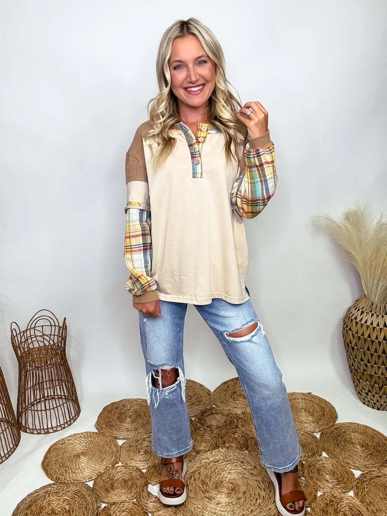 Layered Look Plaid Henley Long Sleeve Top