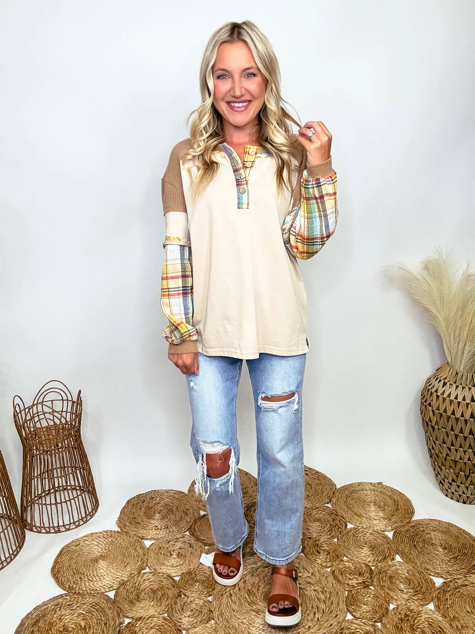 Layered Look Plaid Henley Long Sleeve Top