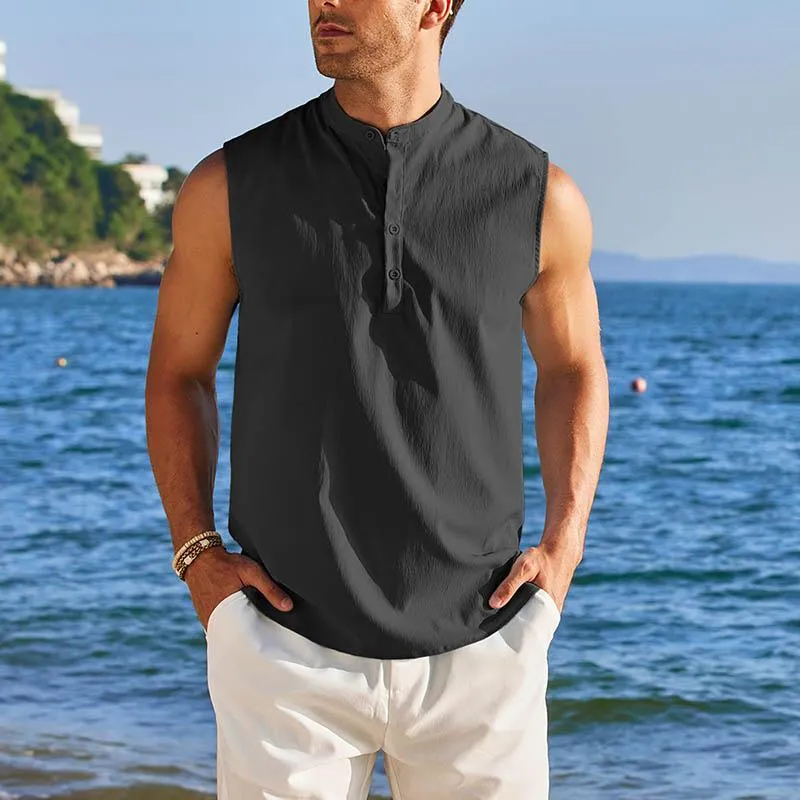 Men Casual Sleeveless Beach Henley Shirts 86452373YY