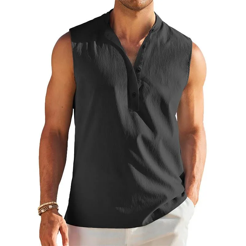 Men Casual Sleeveless Beach Henley Shirts 86452373YY