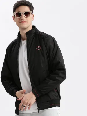 Men Geometric Mock Collar Black Bomber Jacket