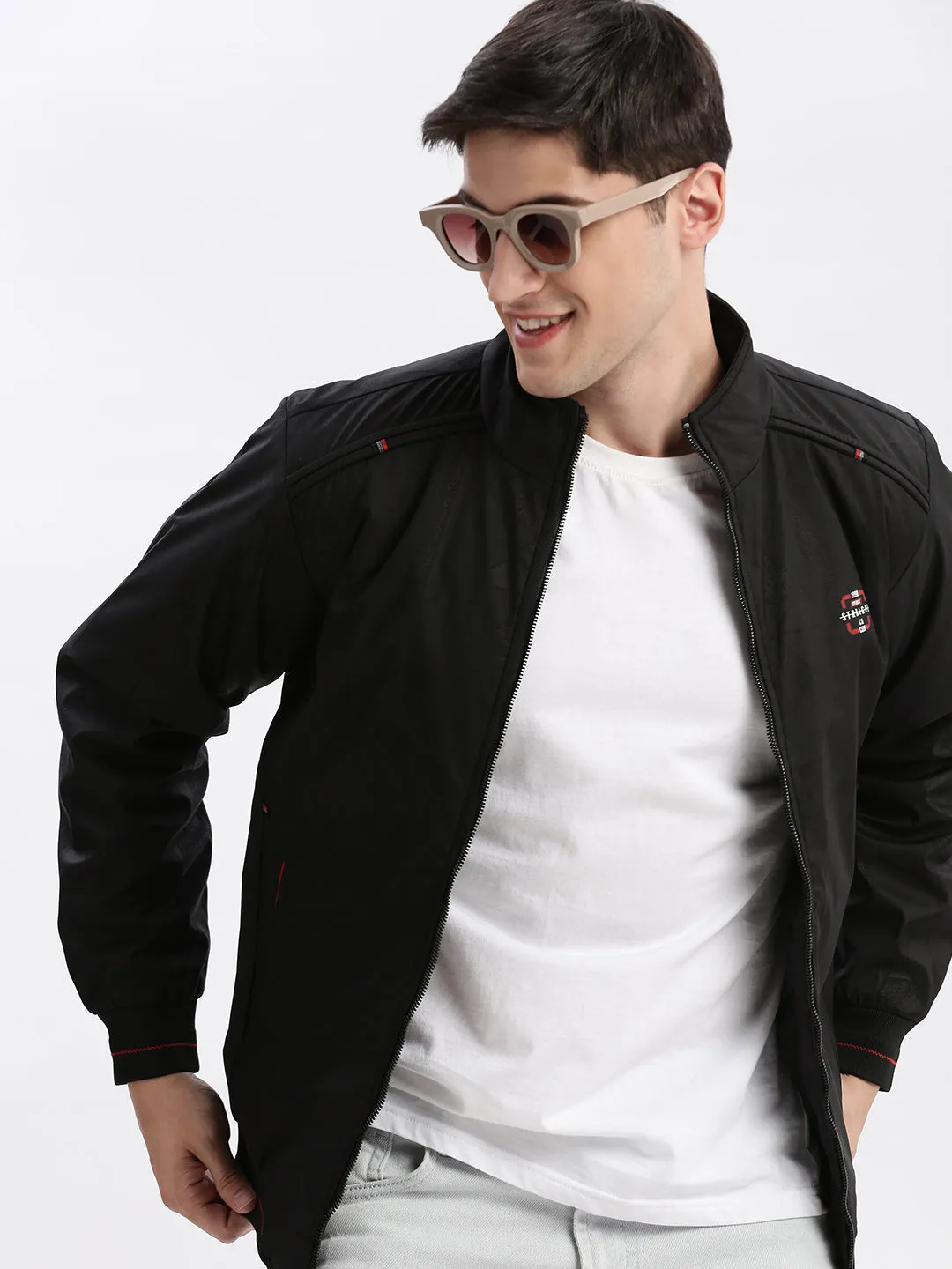 Men Geometric Mock Collar Black Bomber Jacket