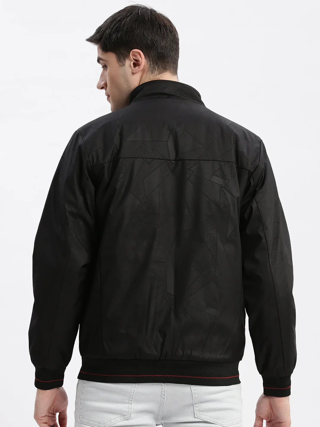 Men Geometric Mock Collar Black Bomber Jacket