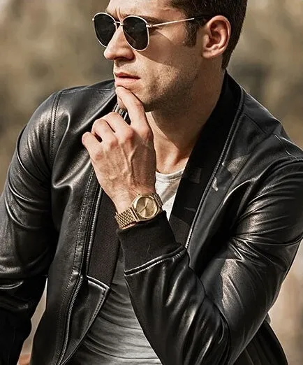 Mens Fashion Lambskin V-Neck collar Leather Jacket