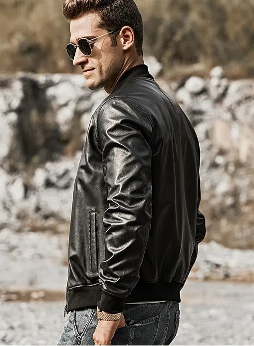 Mens Fashion Lambskin V-Neck collar Leather Jacket