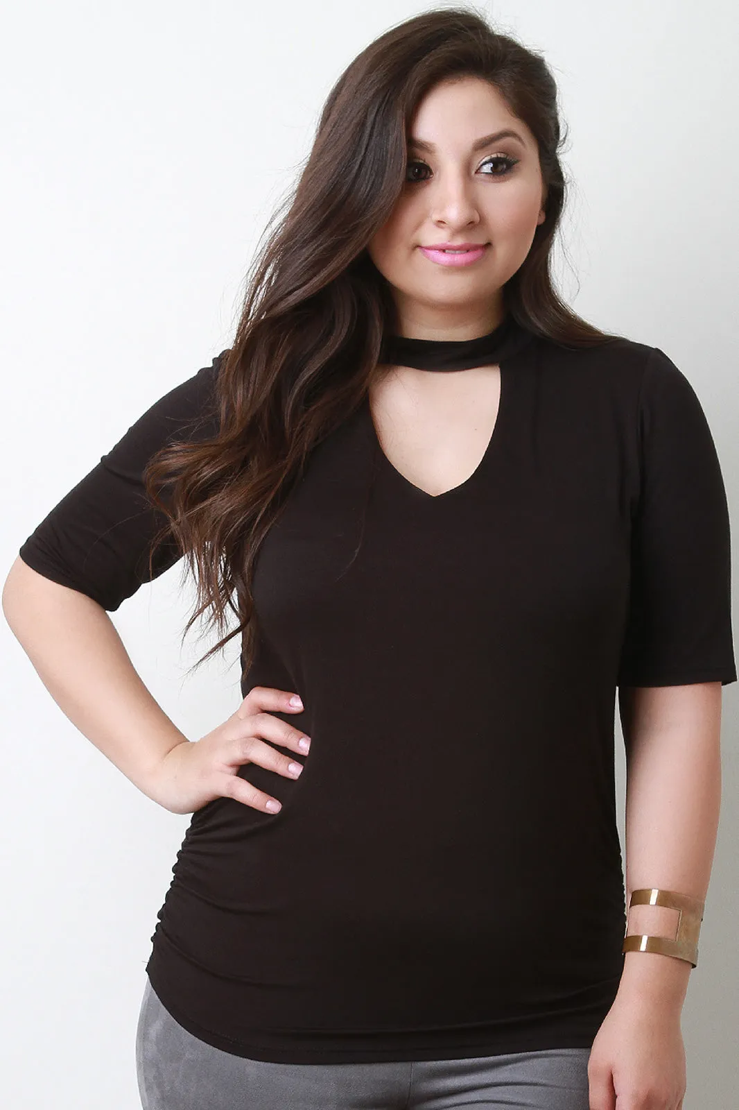 Mock Neck Keyhole Ruched Top