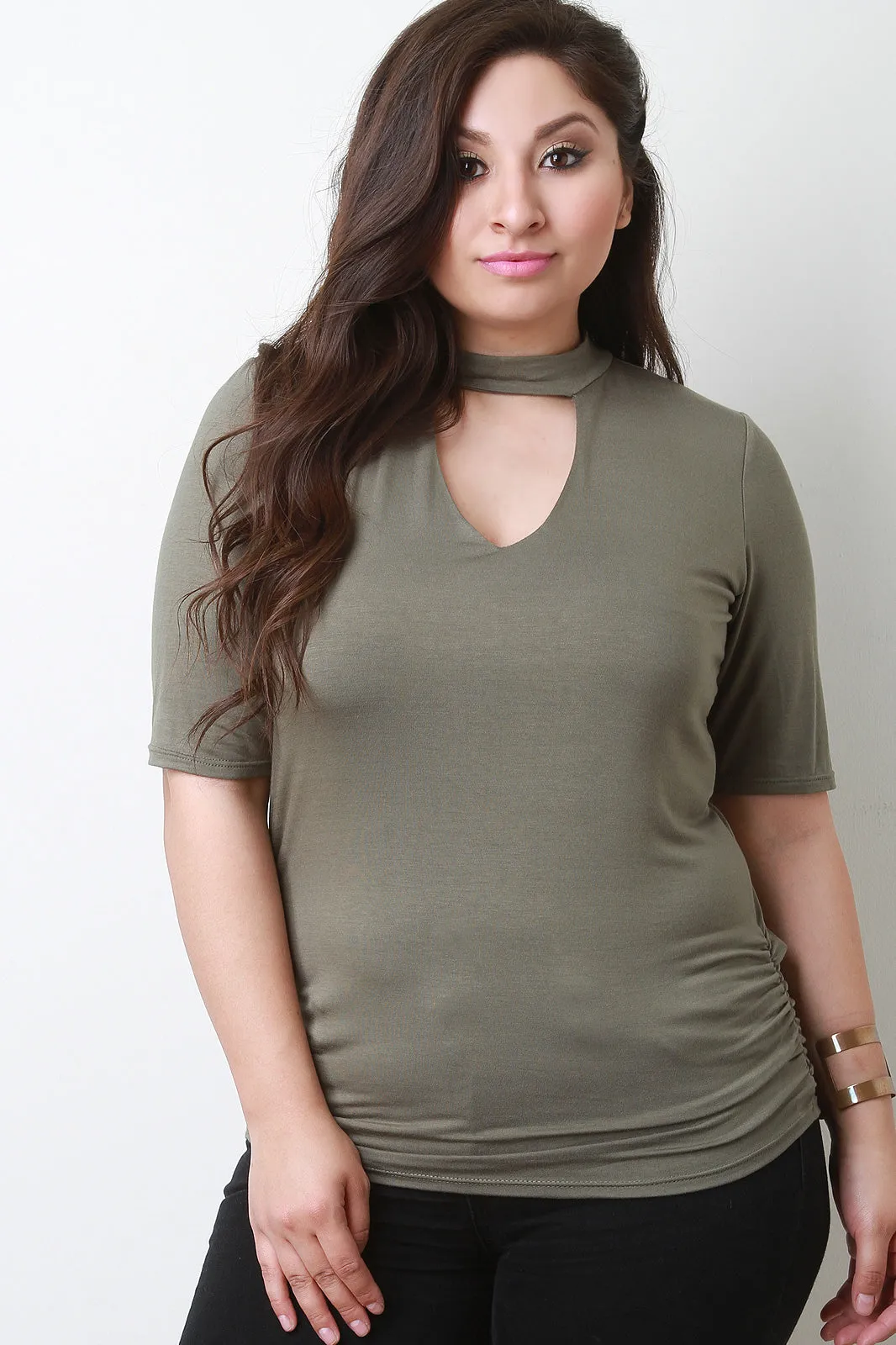 Mock Neck Keyhole Ruched Top