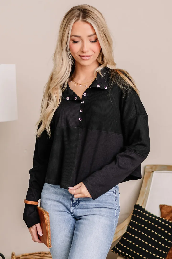 Mock Neck Wide Collar Henley Top | Black