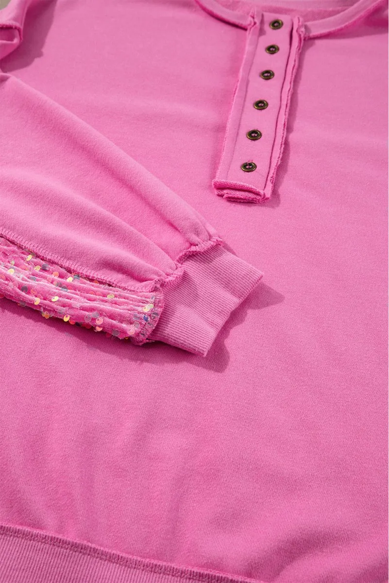 Pink Sequin Henley Sweatshirt