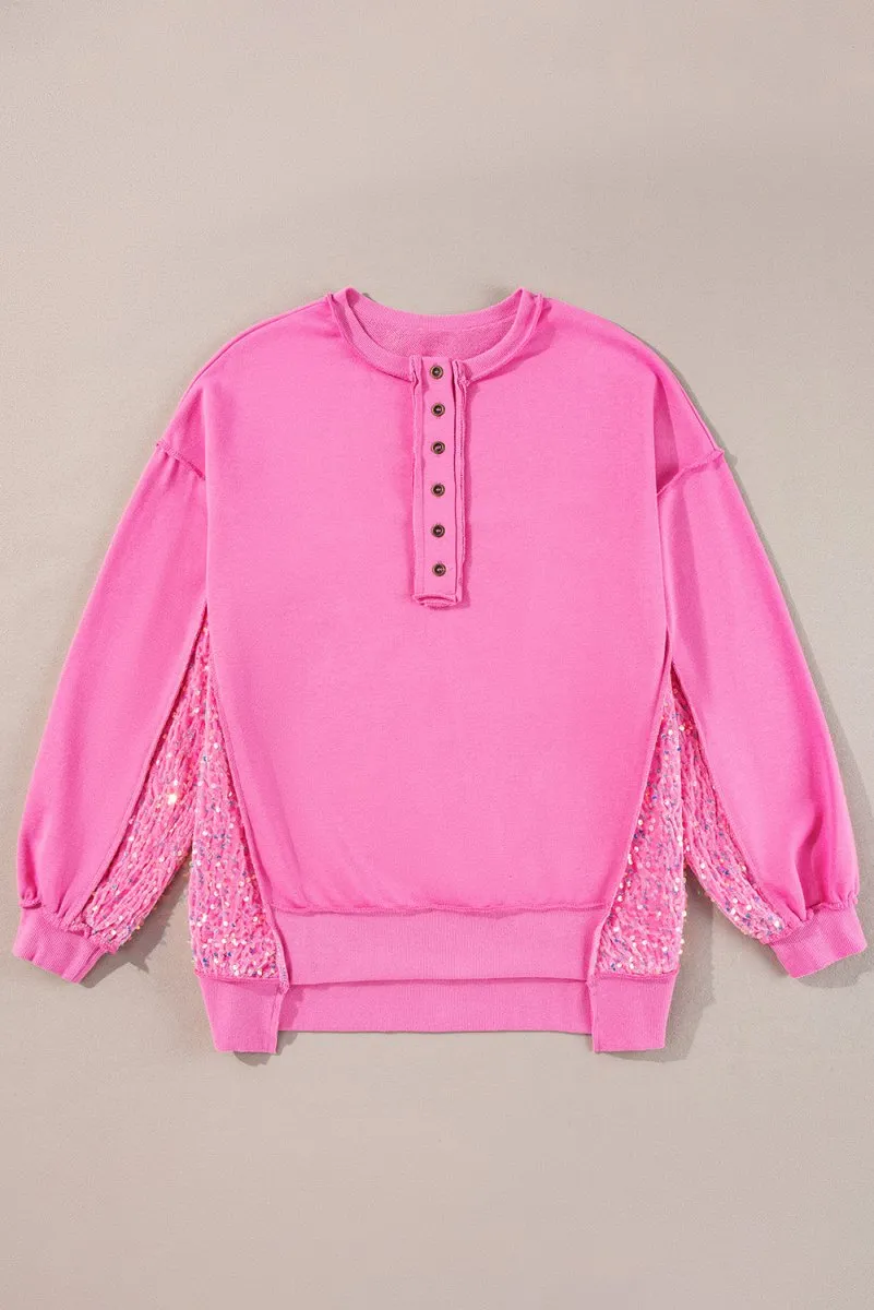 Pink Sequin Henley Sweatshirt