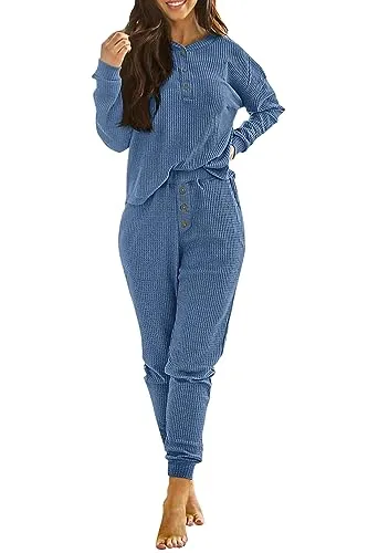 PRETTYGARDEN Women's 2 Piece Waffle Knit Lounge Outfit Long Sleeve Henley Top and Sweatpants Set Tracksuit