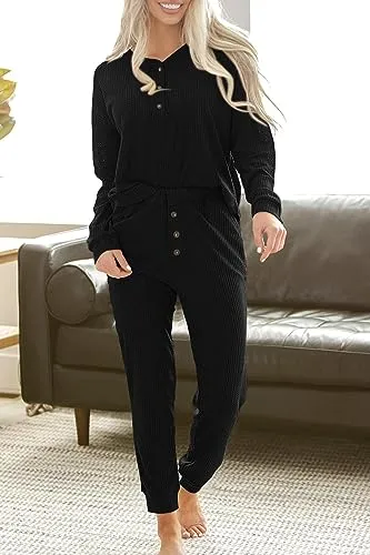 PRETTYGARDEN Women's 2 Piece Waffle Knit Lounge Outfit Long Sleeve Henley Top and Sweatpants Set Tracksuit