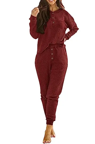 PRETTYGARDEN Women's 2 Piece Waffle Knit Lounge Outfit Long Sleeve Henley Top and Sweatpants Set Tracksuit