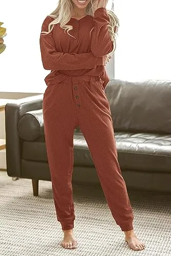 PRETTYGARDEN Women's 2 Piece Waffle Knit Lounge Outfit Long Sleeve Henley Top and Sweatpants Set Tracksuit