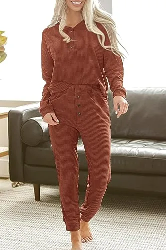 PRETTYGARDEN Women's 2 Piece Waffle Knit Lounge Outfit Long Sleeve Henley Top and Sweatpants Set Tracksuit