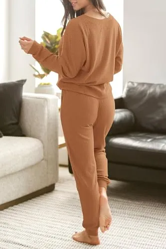 PRETTYGARDEN Women's 2 Piece Waffle Knit Lounge Outfit Long Sleeve Henley Top and Sweatpants Set Tracksuit