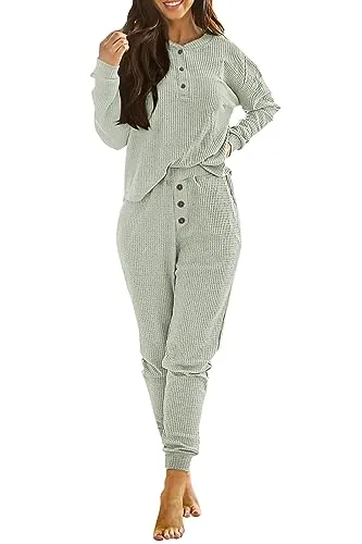 PRETTYGARDEN Women's 2 Piece Waffle Knit Lounge Outfit Long Sleeve Henley Top and Sweatpants Set Tracksuit