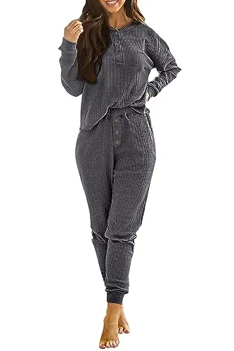 PRETTYGARDEN Women's 2 Piece Waffle Knit Lounge Outfit Long Sleeve Henley Top and Sweatpants Set Tracksuit