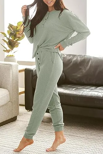 PRETTYGARDEN Women's 2 Piece Waffle Knit Lounge Outfit Long Sleeve Henley Top and Sweatpants Set Tracksuit