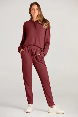 PRETTYGARDEN Women's 2 Piece Waffle Knit Lounge Outfit Long Sleeve Henley Top and Sweatpants Set Tracksuit