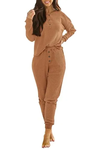 PRETTYGARDEN Women's 2 Piece Waffle Knit Lounge Outfit Long Sleeve Henley Top and Sweatpants Set Tracksuit