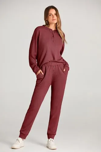 PRETTYGARDEN Women's 2 Piece Waffle Knit Lounge Outfit Long Sleeve Henley Top and Sweatpants Set Tracksuit