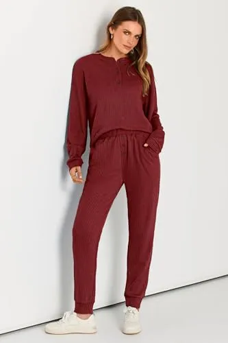 PRETTYGARDEN Women's 2 Piece Waffle Knit Lounge Outfit Long Sleeve Henley Top and Sweatpants Set Tracksuit