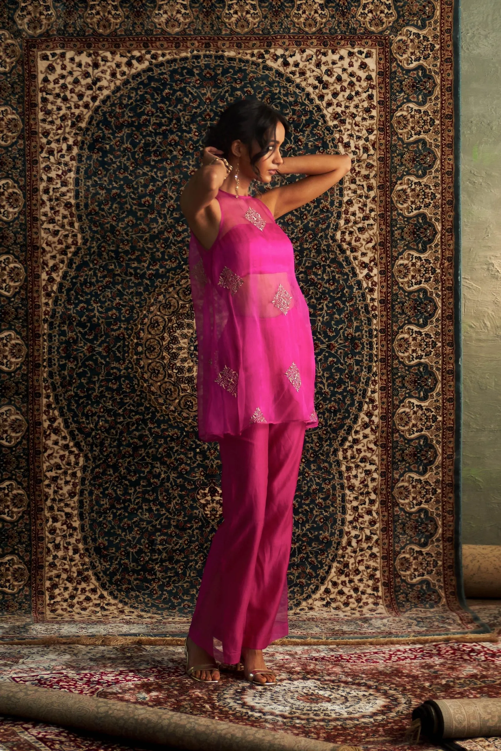 Rani Pink Embroidered Aline  Co-ord Set