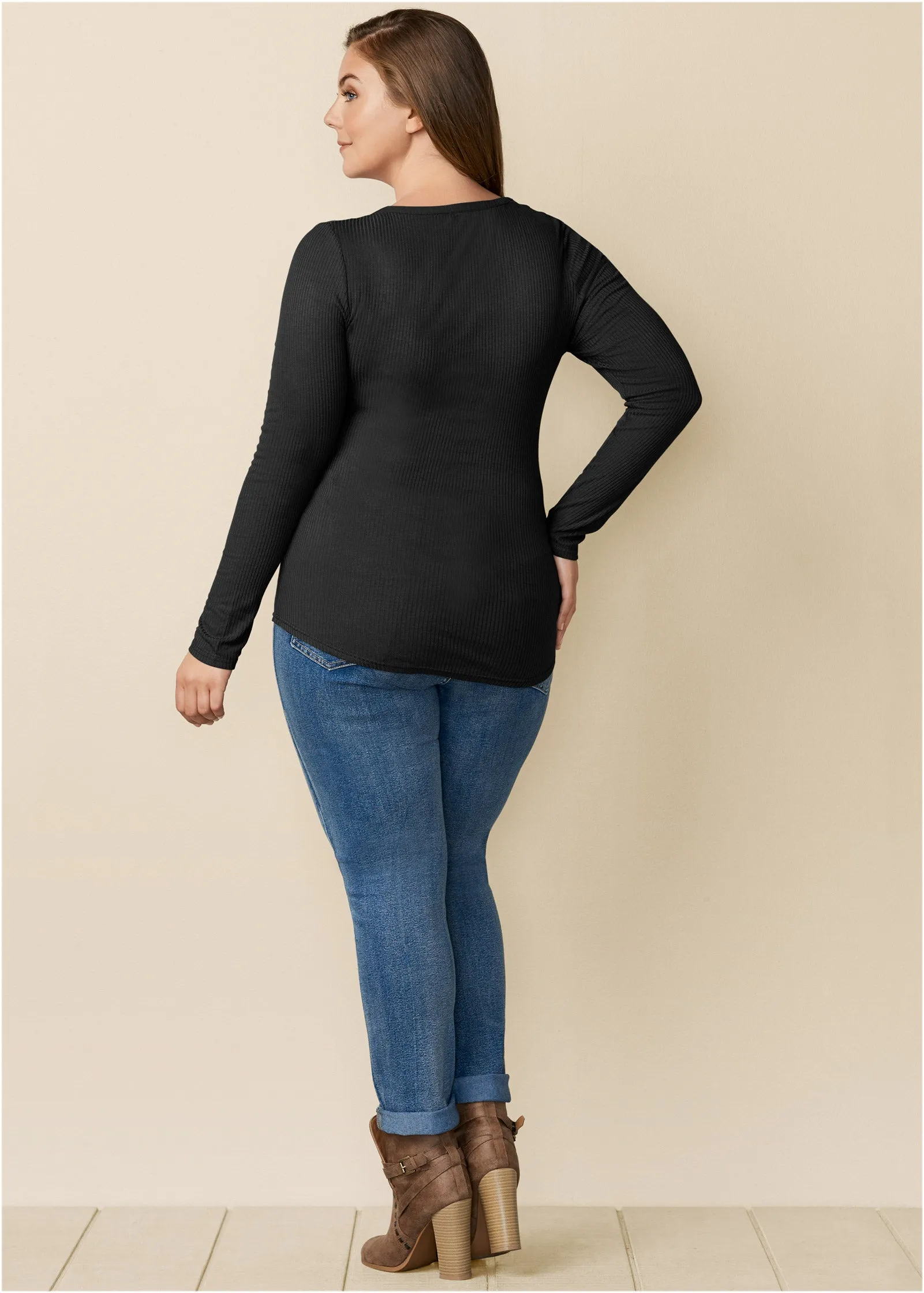 Ribbed Henley Top - Black