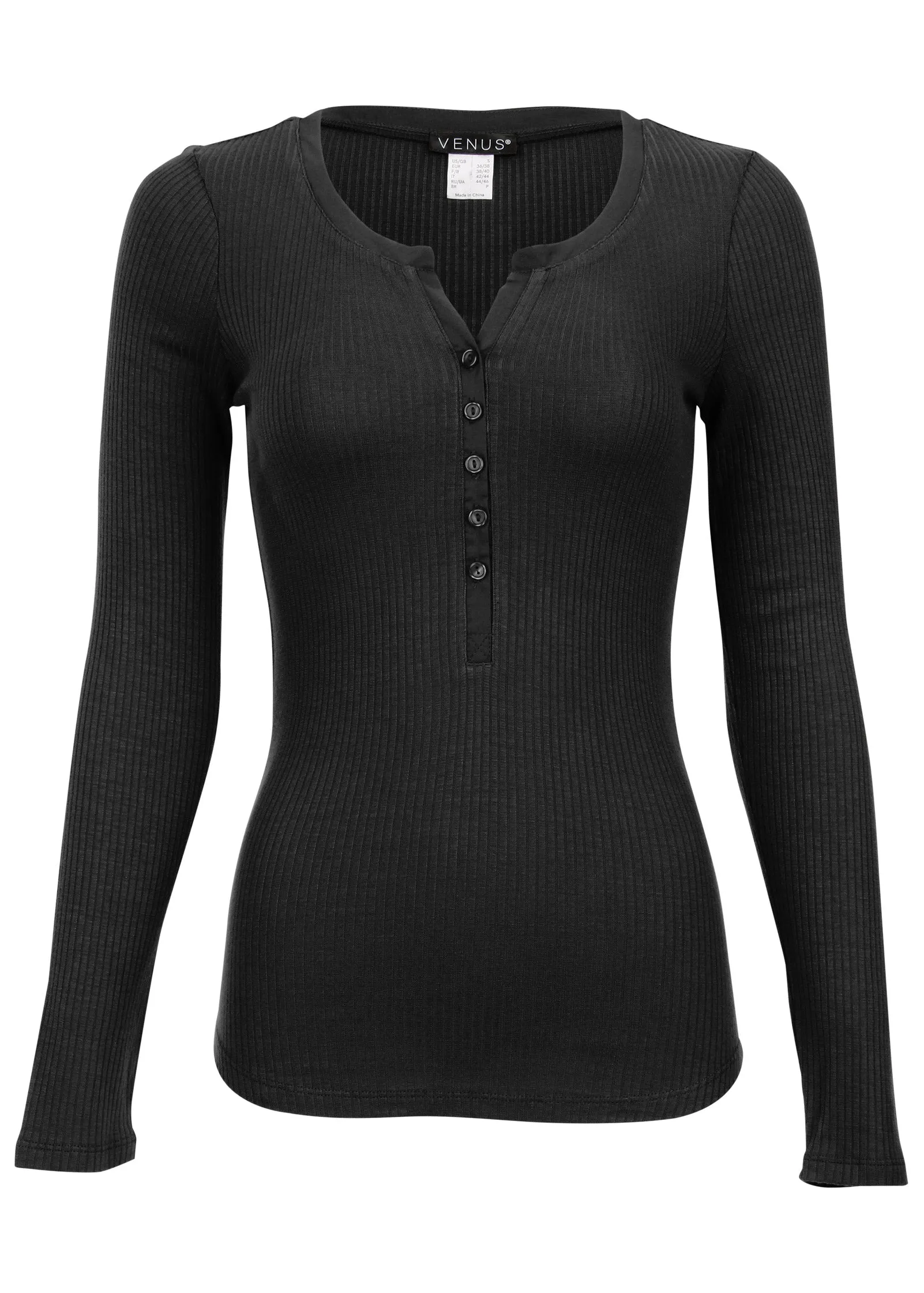 Ribbed Henley Top - Black