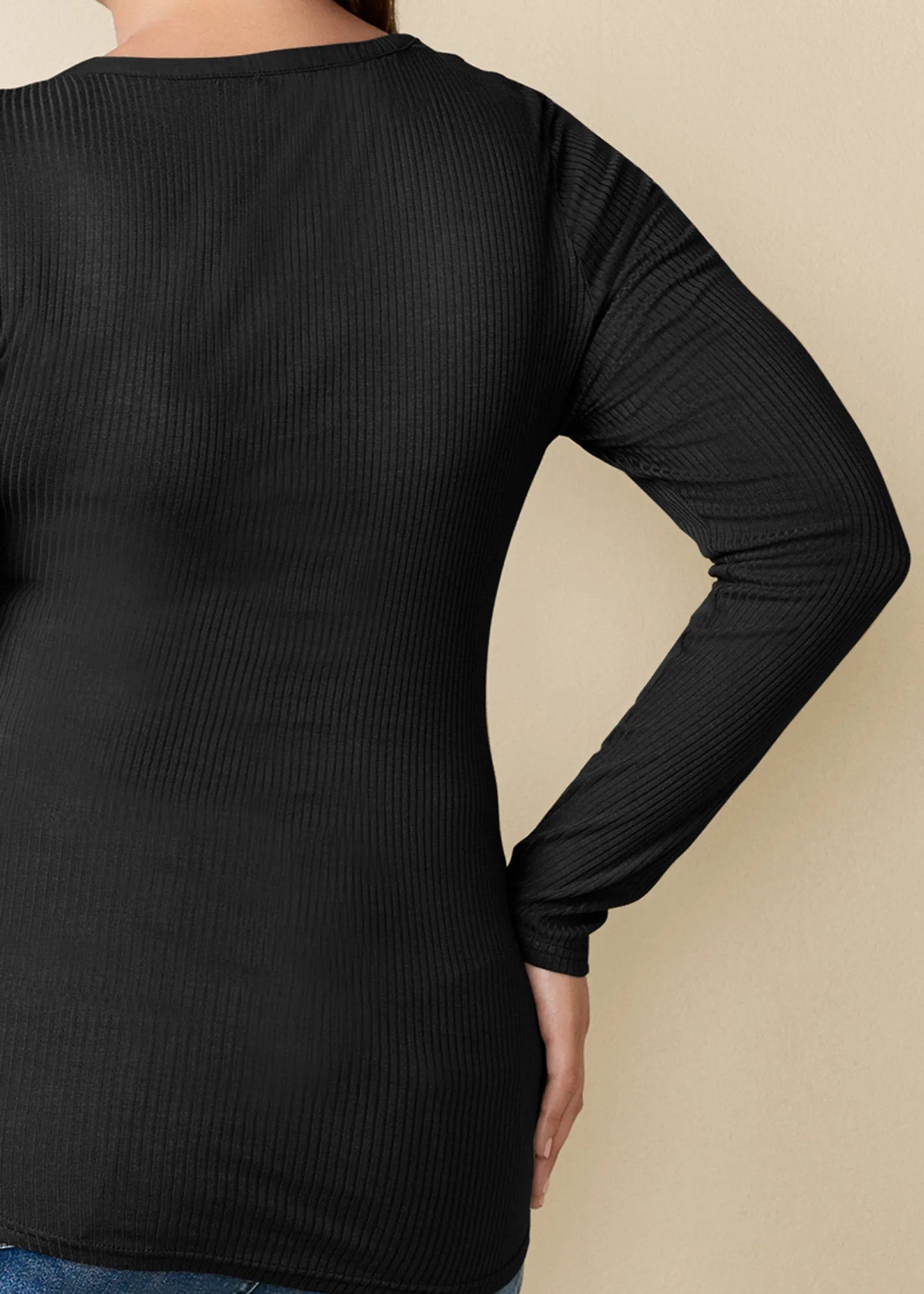 Ribbed Henley Top - Black