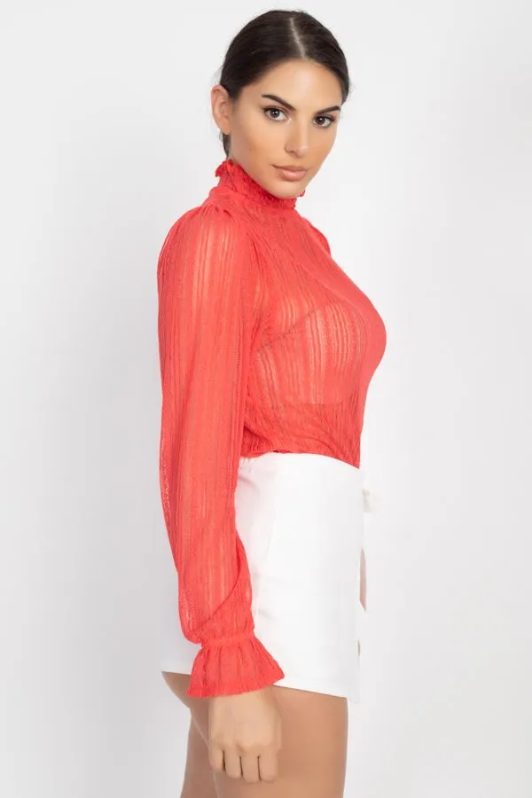 Ruffle Mock Neck Lace Top