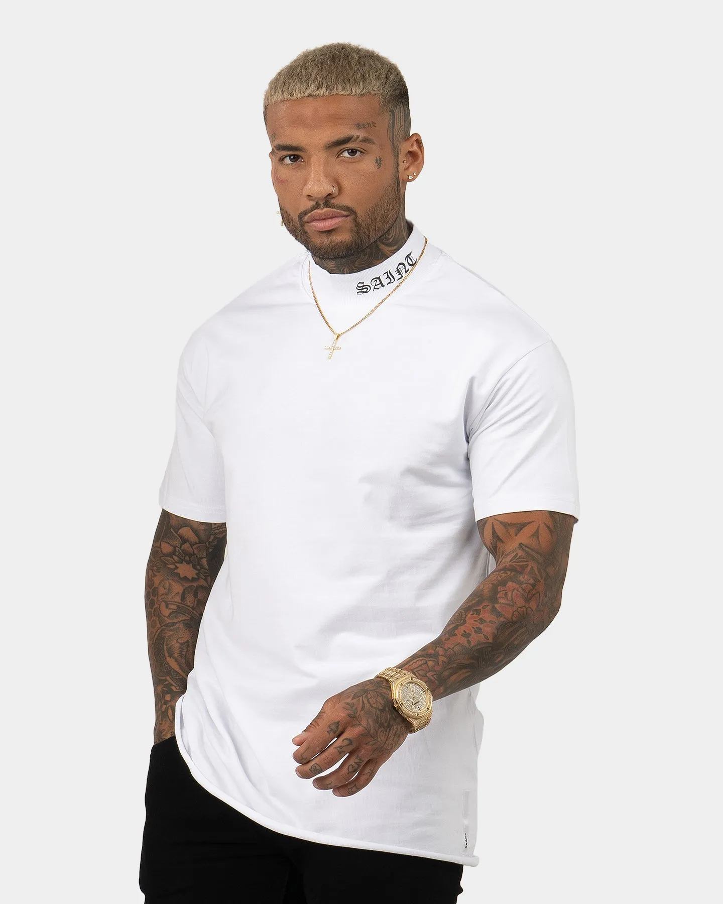 Saint Morta Old English Mock Neck T-Shirt White/Black