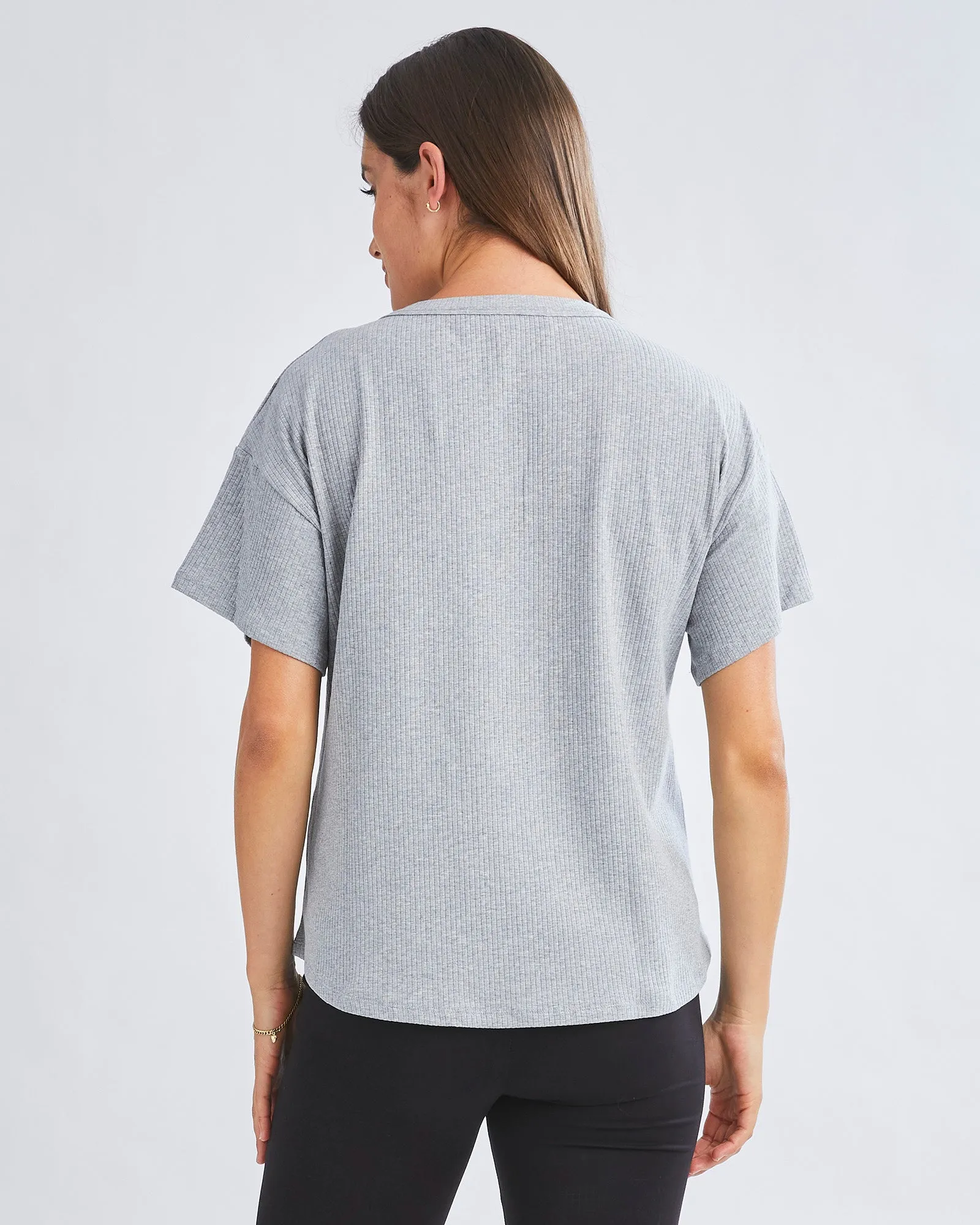 Simple Classic Ribbed Button Short Sleeve Top In Flower Grey