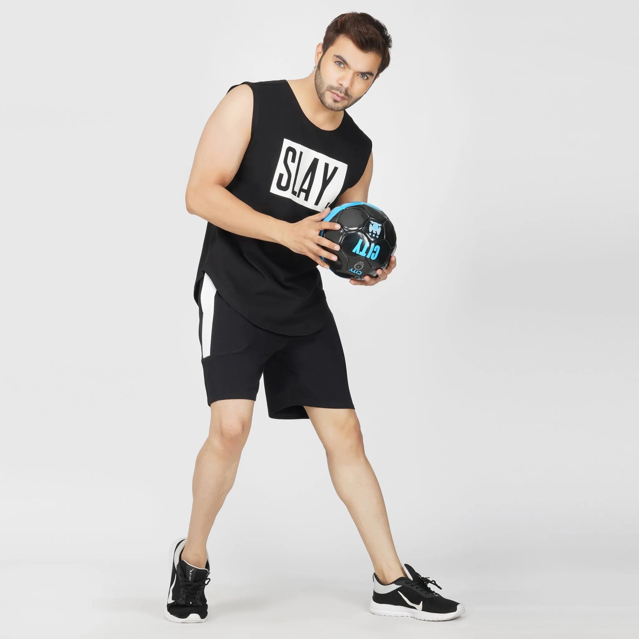 SLAY. Men's Black Printed Sleeveless Dropcut T-shirt